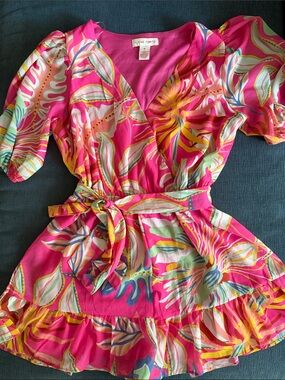 Flying Tomato Hot Pink Tropical Print Wrap Romper